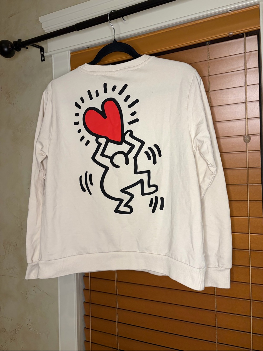 Keith Haring Cream Crewneck Sweater with Red Heart Graphic
